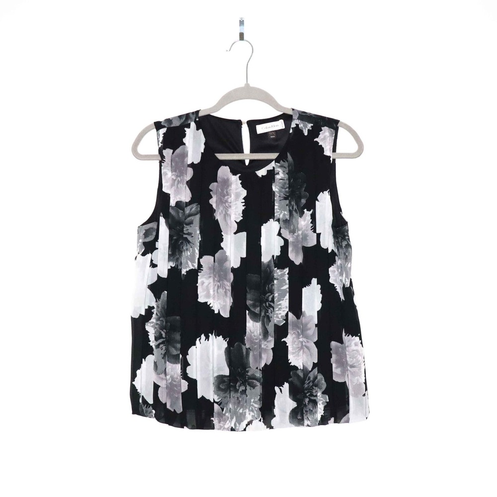 CALVIN KLEIN Floral Print Pleated Blouse Sleeveless Back Keyhole Black Size M